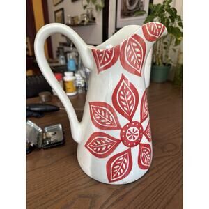 Large Farval Ceramic Pitcher Jug Hand Painted Red Flowers Portugal 11.5in Tall